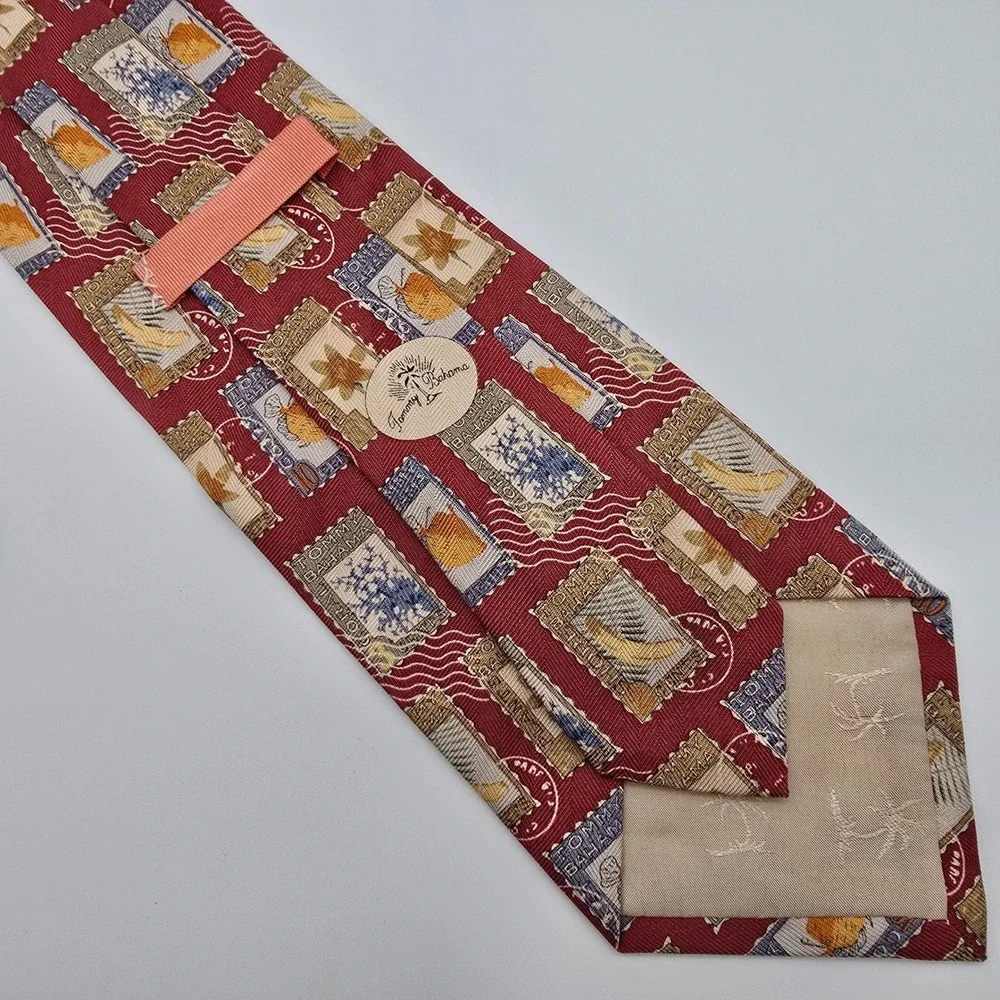 Tommy Bahama Mens Silk Tie Burgundy Red Tropical Postage Stamp Island Theme